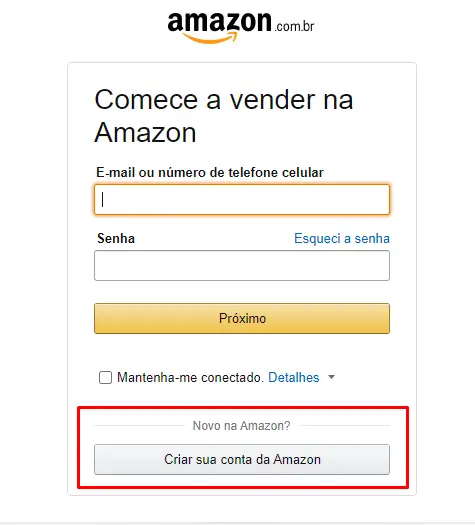 Detalhe da tela de login da Amazon para vendedores