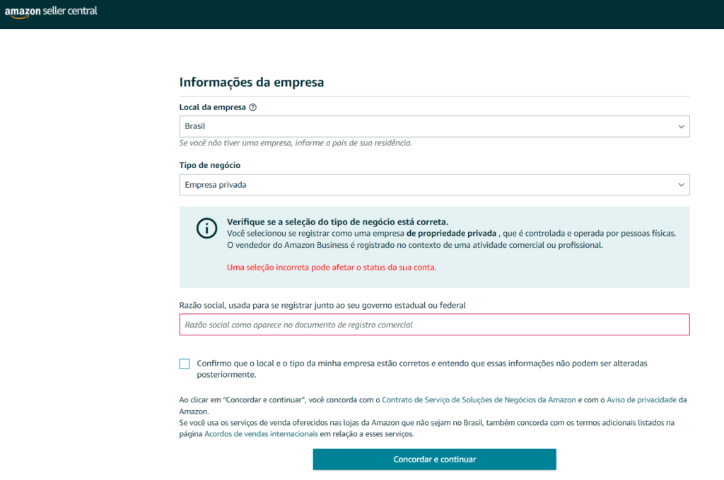 tela de cadastro para ser vendedor Amazon