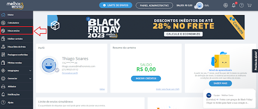 Logística Reversa com Melhor Envio Passo a passo para logística reversa com Melhor Envio: em sua área de usuário do Melhor Envio, clique na opção Meus Envios