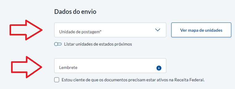 Selecione a "unidade de postagem"