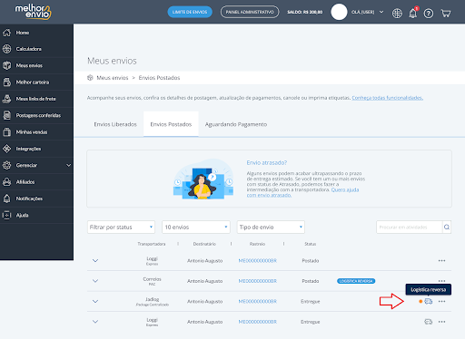 Passo a passo para logística reversa com Melhor Envio: na aba “Envios Postados”, clique no ícone de logística reversa