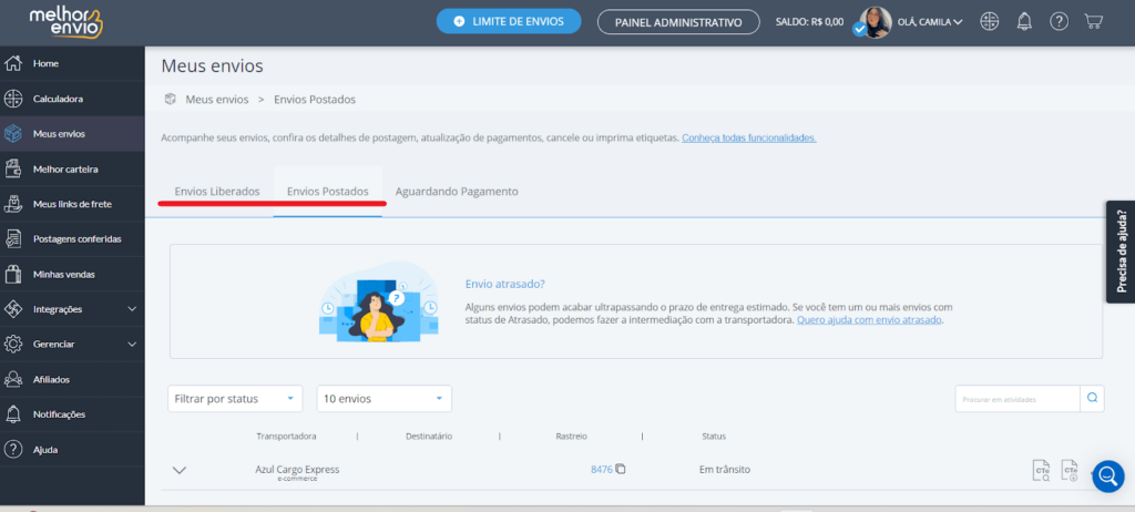 Abas "Envios liberados" e "Envios postados"