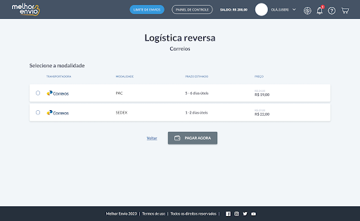 Passo a passo para logística reversa com Melhor Envio: selecione a modalidade de entrega que será utilizada no retorno do produto e clique em “pagar agora”