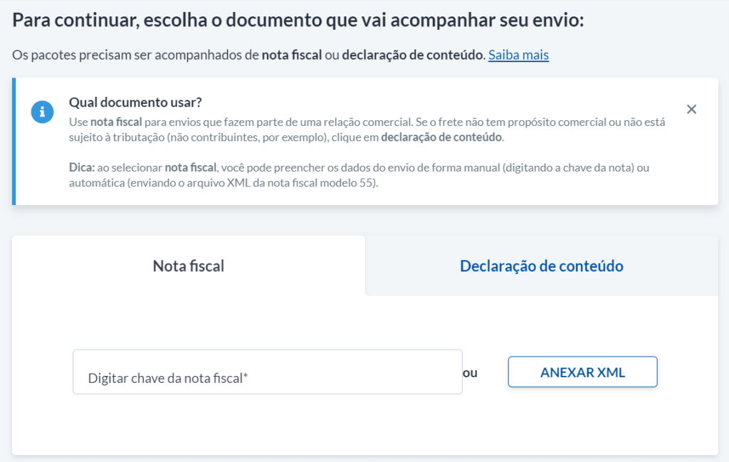 Escolha entre "Nota fiscal" ou "Declaração de conteúdo"
