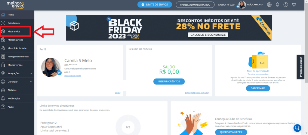 Selecione na aba lateral "Meus Envios"