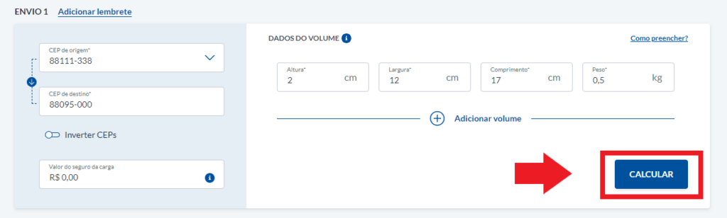 Calculadora com os campos preenchidos e seta vermelha apontando para botão Azul "Calcular"
