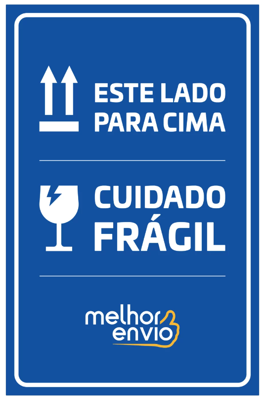 Exemplo de etiqueta "cuidado frágil" e "este lado para cima" disponibilizada pelo Melhor Envio