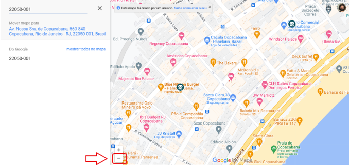 Reduza o zoom do mapa