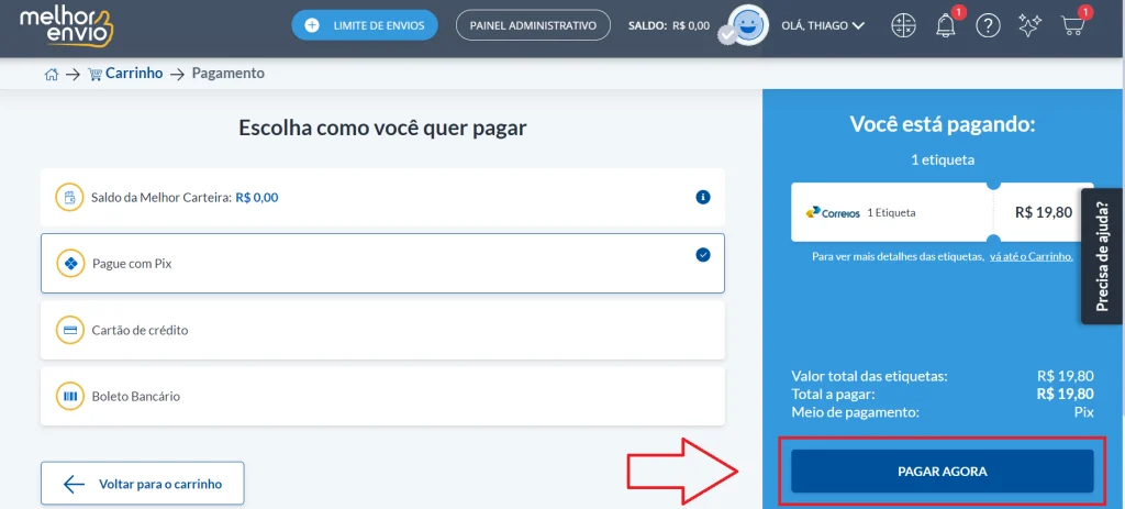 selecione a forma de pagamento: saldo, pix, crédito, boleto