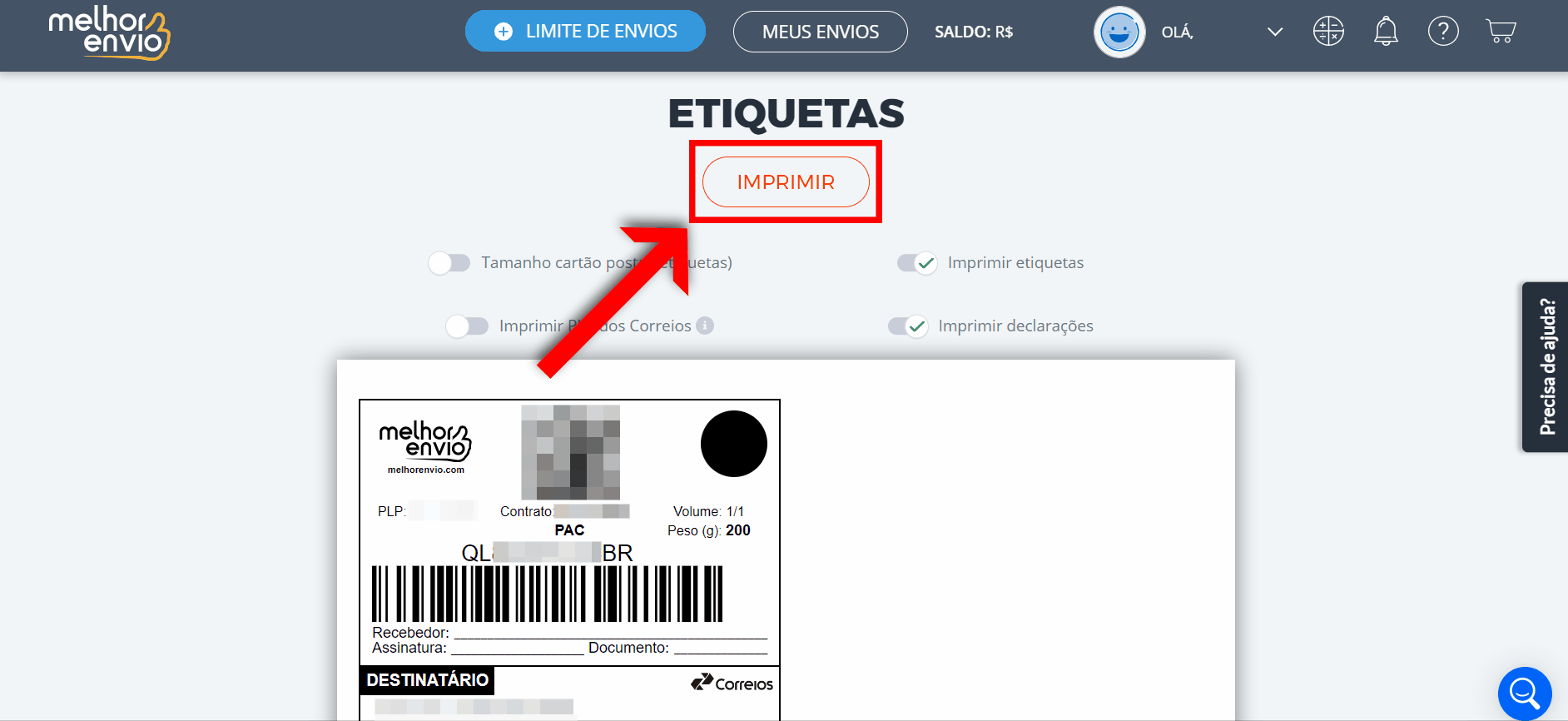 tela das etiquetas, selecione o botão "imprimir"