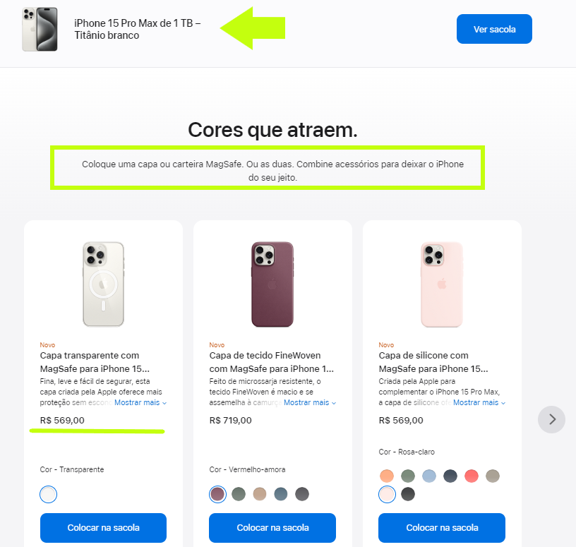 Tela do site oficial da Apple aplicando a técnico de cross selling