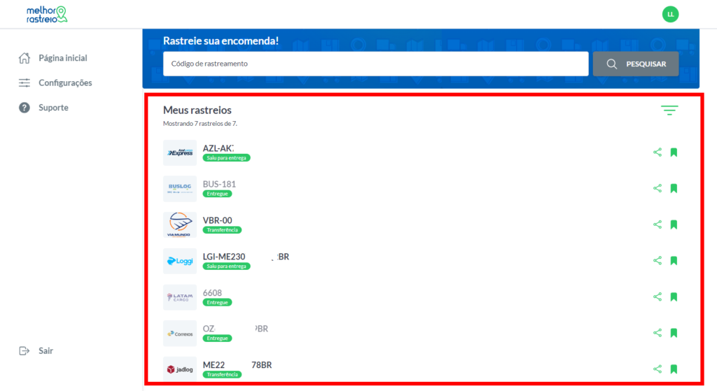 Rastreio de  vários pedidos ao mesmo tempo utilizando o Melhor Rastreio.