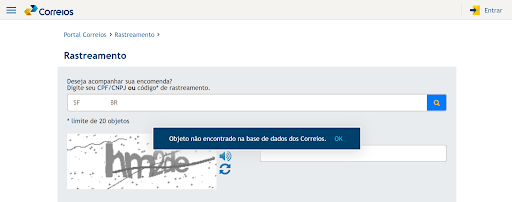 Objeto não encontrado na base de dados dos Correios