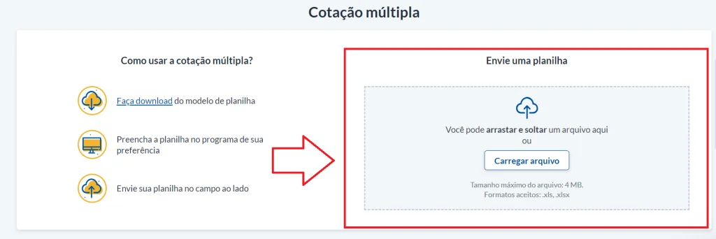 Faça o upload da planilha de múltiplas cotações na calculadora de frete.