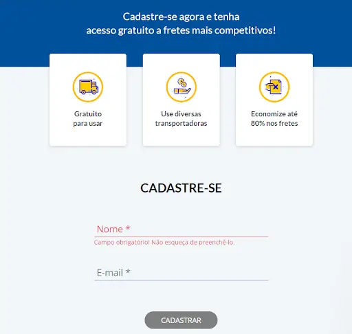 página de cadastro do Melhor Envio, preencha "nome" e "e-mail"