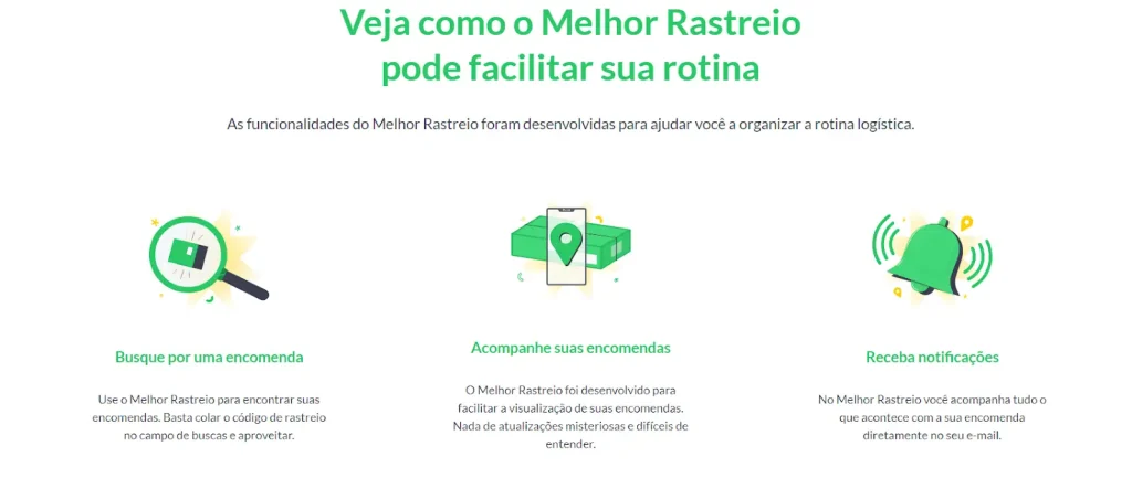 Benefícios do Melhor Rastreio:
Busque por sua encomenda, acompanhe suas encomendas e receba notificações diretamente no seu e-mail.