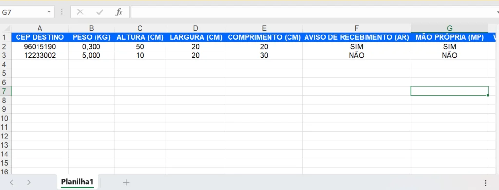Planilha para cotação de múltiplos envios.