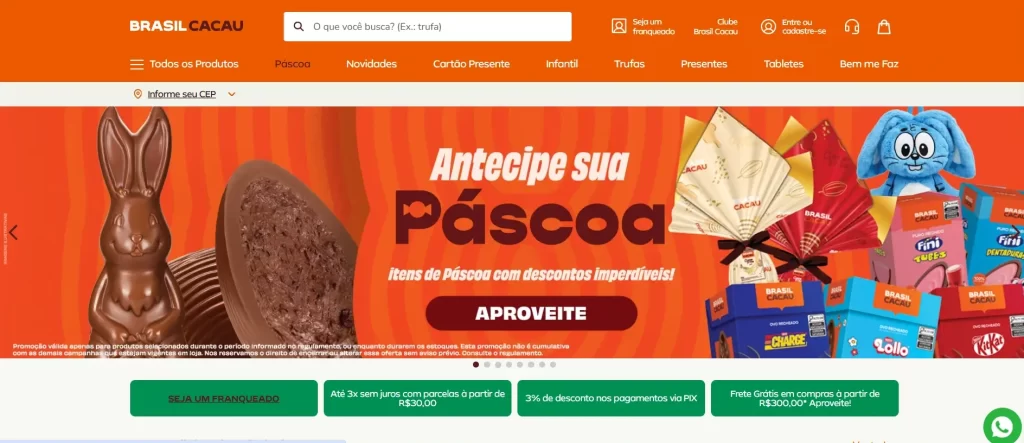 A imagem mostra a página principal do site Brasil Cacau com uma campanha de antecipação de vendas de Páscoa