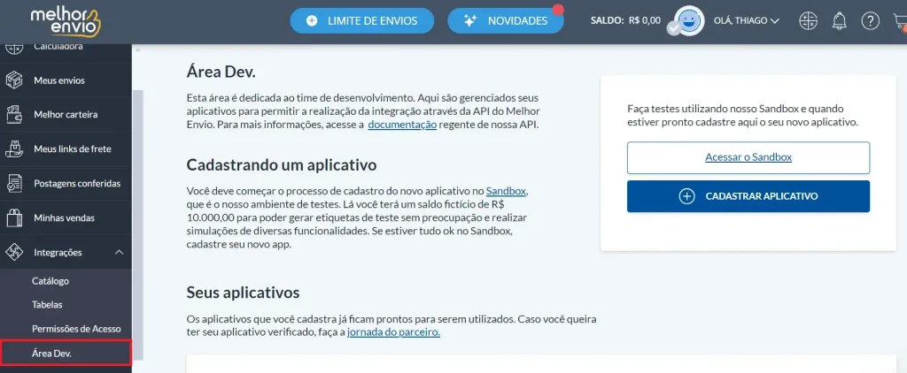 Na aba lateral, selecione "Área Dev"