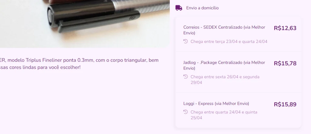 Integração do Melhor Envio em loja online mostrando várias opções de frete 
