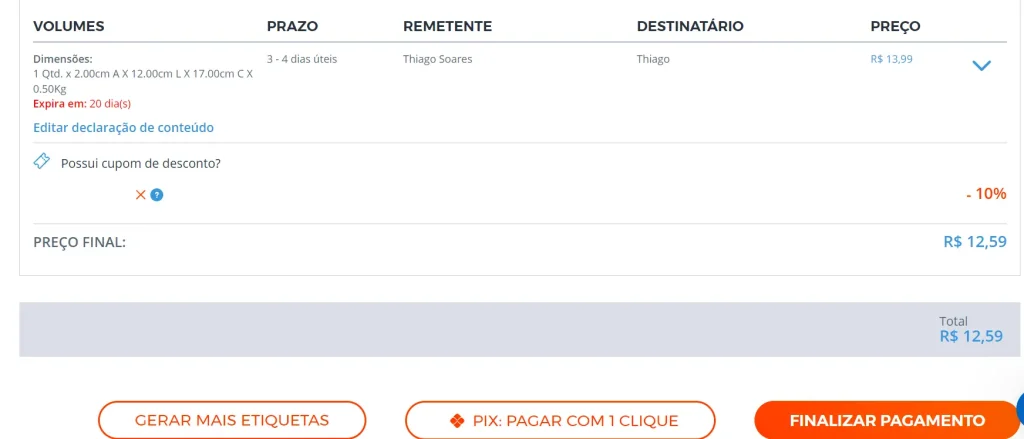 Desconto do cupom aplicado no valor do frete