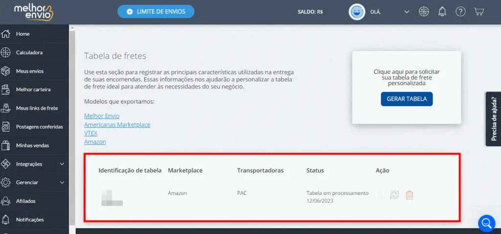 Tabela criada disponível na seção "Tabela de fretes"