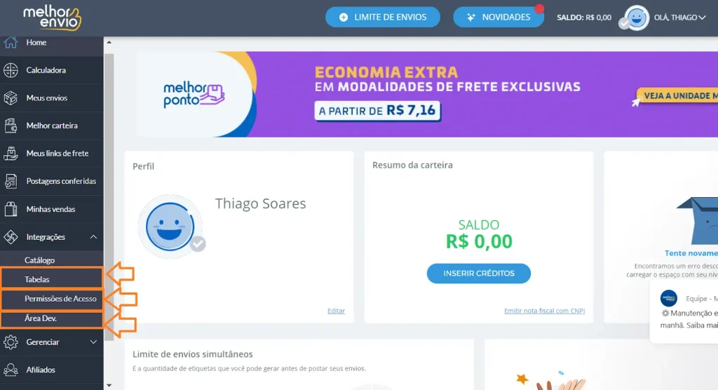 Acesse a aba integração para acessar "Tabela" "Permissões de acesso" e "Área DEV."