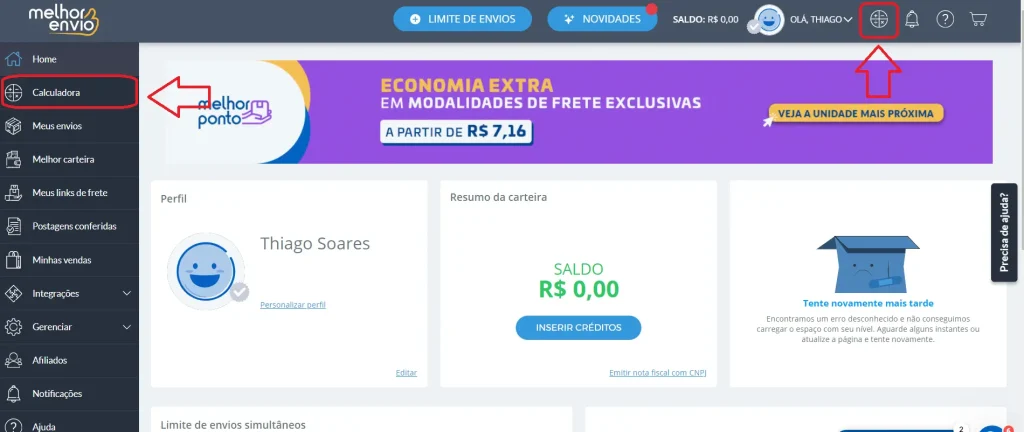 Calcular frete Mini Envios Correios
