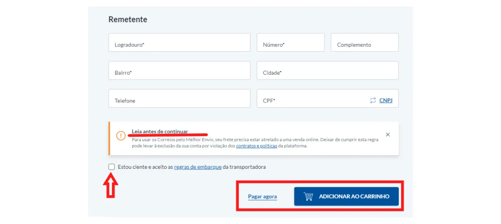 Adicionar etiqueta de frete Pac Mini ao carrinho