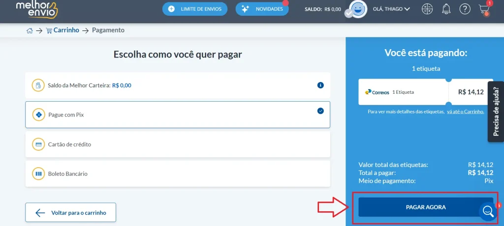 Pagar pela etiqueta de frete Mini envios Correios