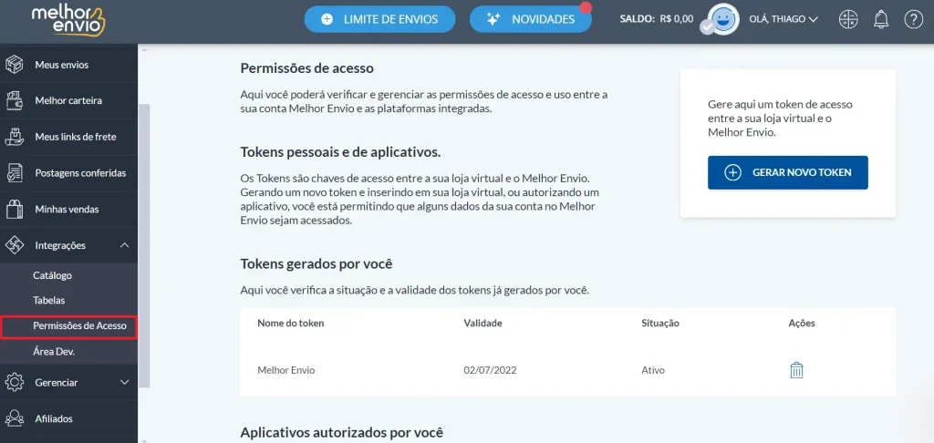 Na aba lateral, selecione "Permissões de Acesso"