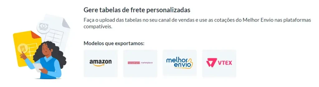 Exporte tabela de frete personalizada