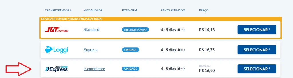 Resultado da cotação mostrando a modalidade e-commerce da transportadora Azul Cargo Express