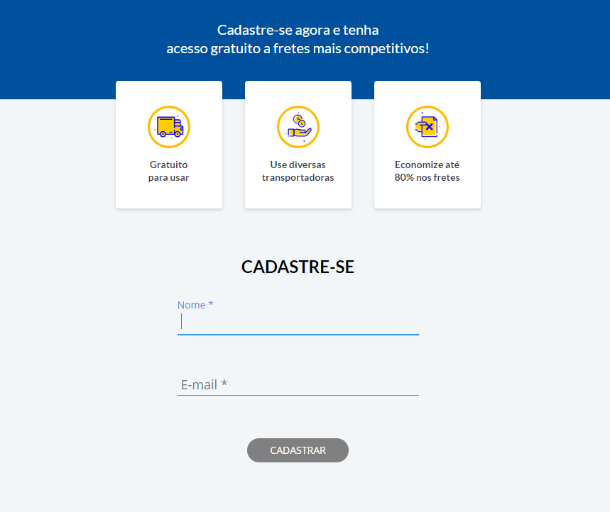 Tela de cadastro do Melhor Envio