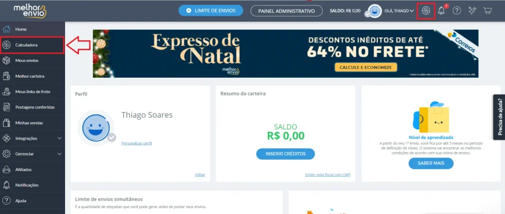 Tela do painel do Melhor Envio, calculadoras localizadas na aba lateral e no cabeçalho