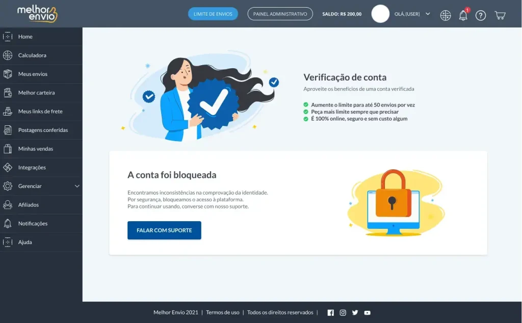 Tela de conta bloqueada