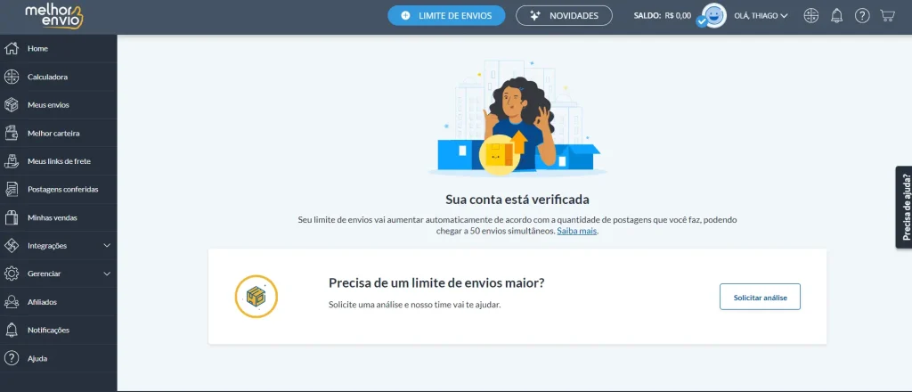 Tela do painel do Melhor Envio