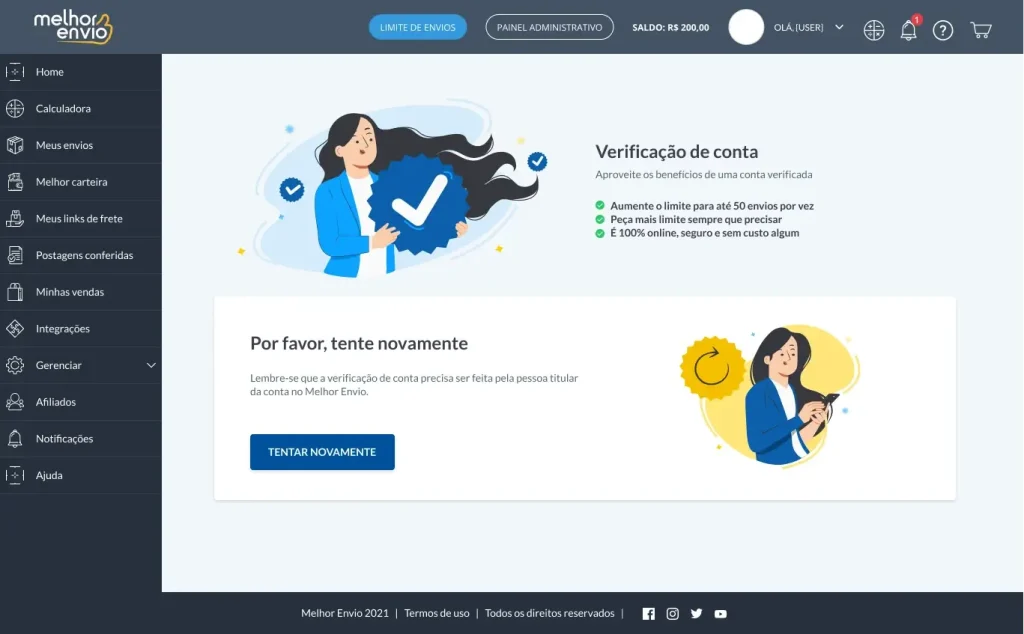 Tela de verificação de conta