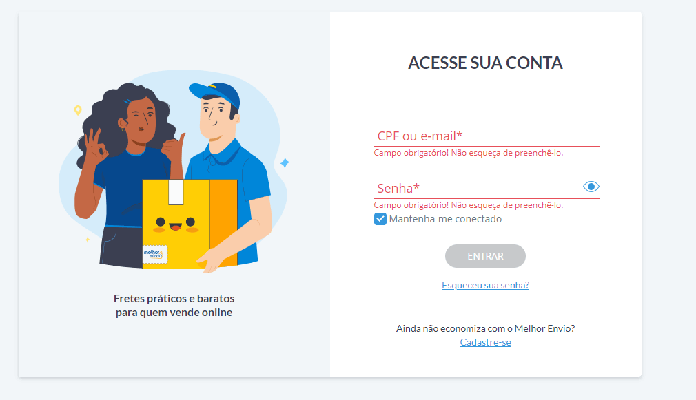 Tela de login do Melhor Envio