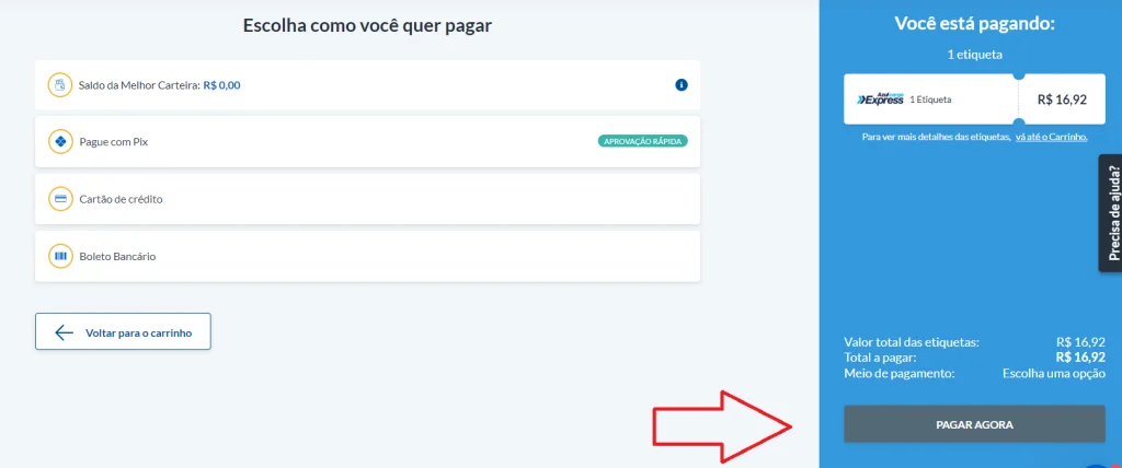 Escolha a forma de pagamento: Saldo, PIX, Crédito ou Boleto.