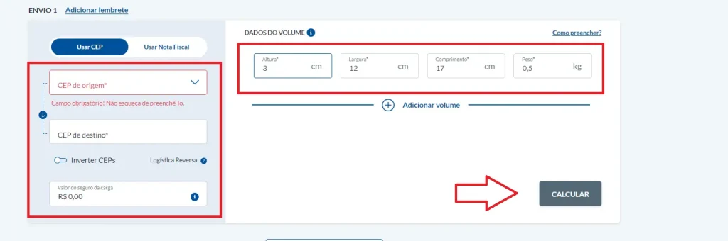 tela da calculadora do Melhor Envio. campos de ceps, seguro de carga e dimensões de volume