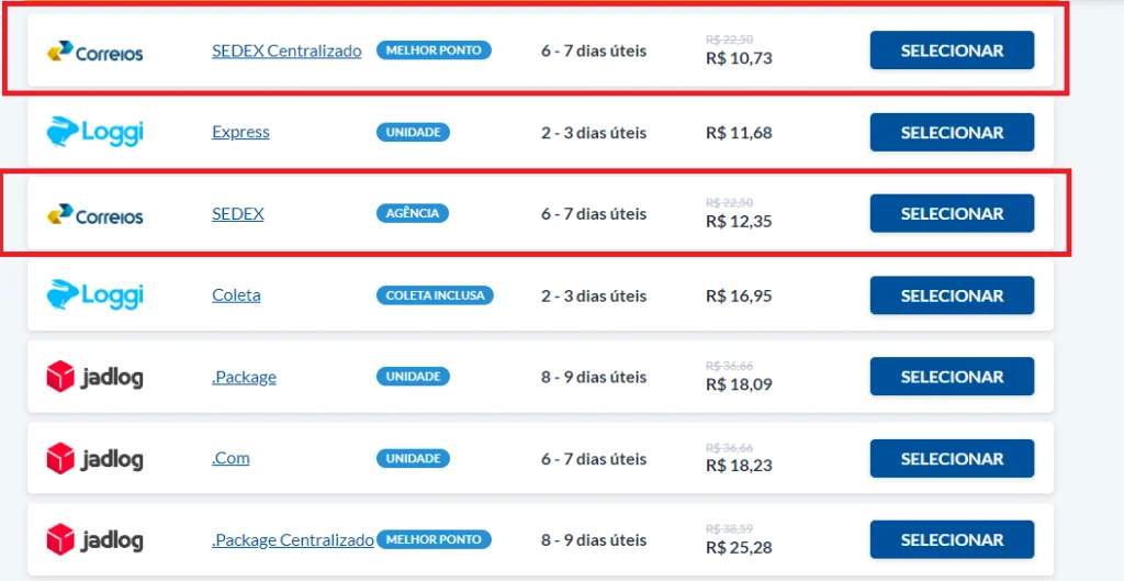lista de resultados da cotação do Melhor Rastreio