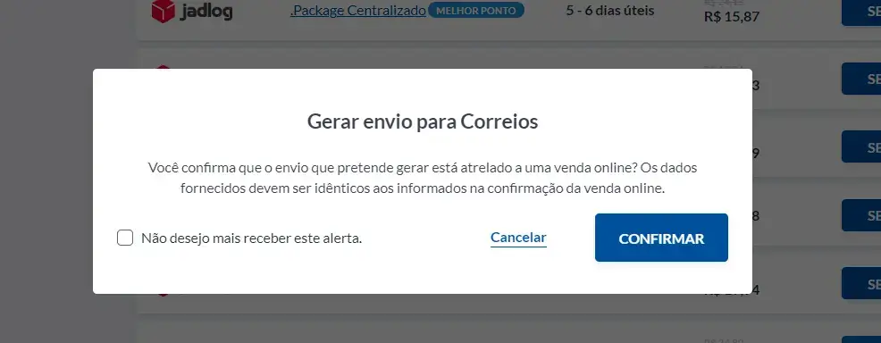 Mensagem solicitando a confirmação de que o envio é uma venda online