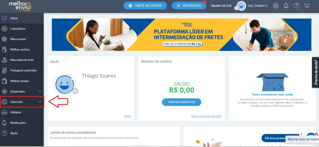 Selecione aba lateral "Gerenciar"