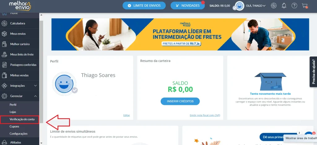 Na aba "Gerencar" Selecione "Verificar conta"