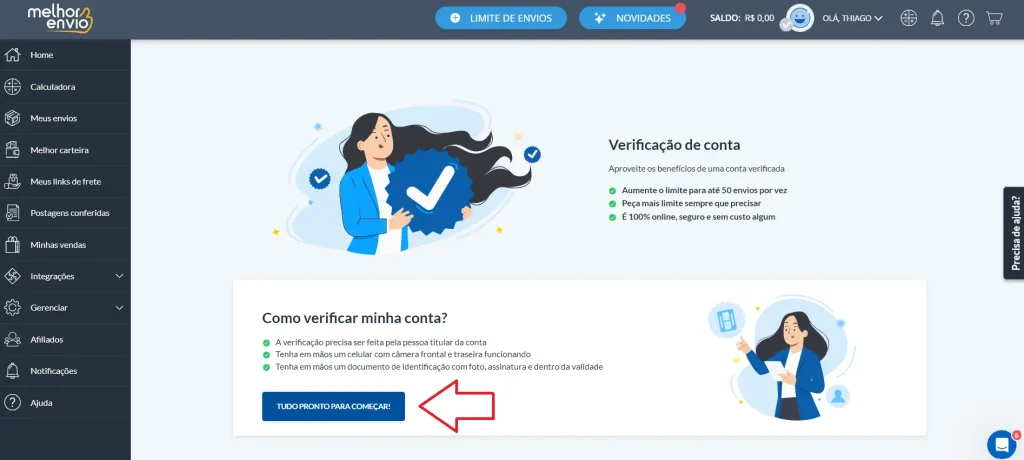 Selecione o botão "Tudo pronto para começar"