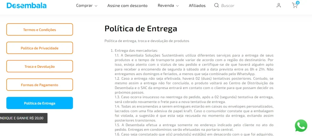 Tela da "Desembala" exibindo a "Política de entrega"