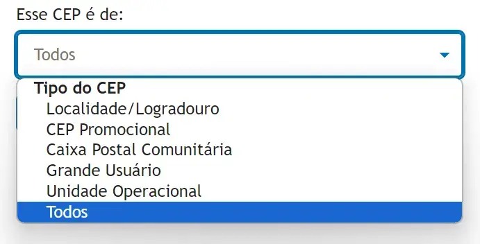 tipo de CEP: Logradouro, promocional, Caixa postal, Grande usuário, Unidade Operacional, Todos