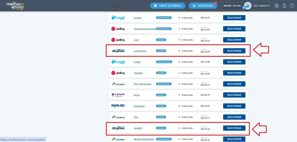 tela de resultado exibindo transportadoras, modalidades, prazos e preços
