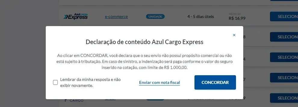 exemplo de mensagem solicitando concordância com os termos da declaração de conteúdo da Azul